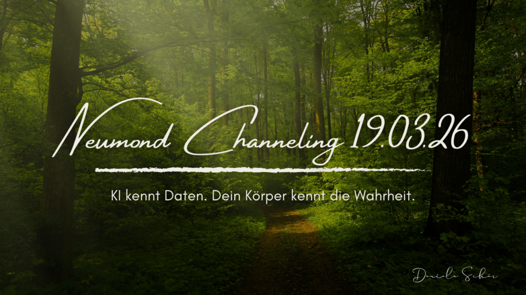Waldweg mit Lichteinfall. Text: Neumond Channeling 19.03.26. KI kennt Daten. Dein Körper kennt die Wahrheit. Daniela Schär
