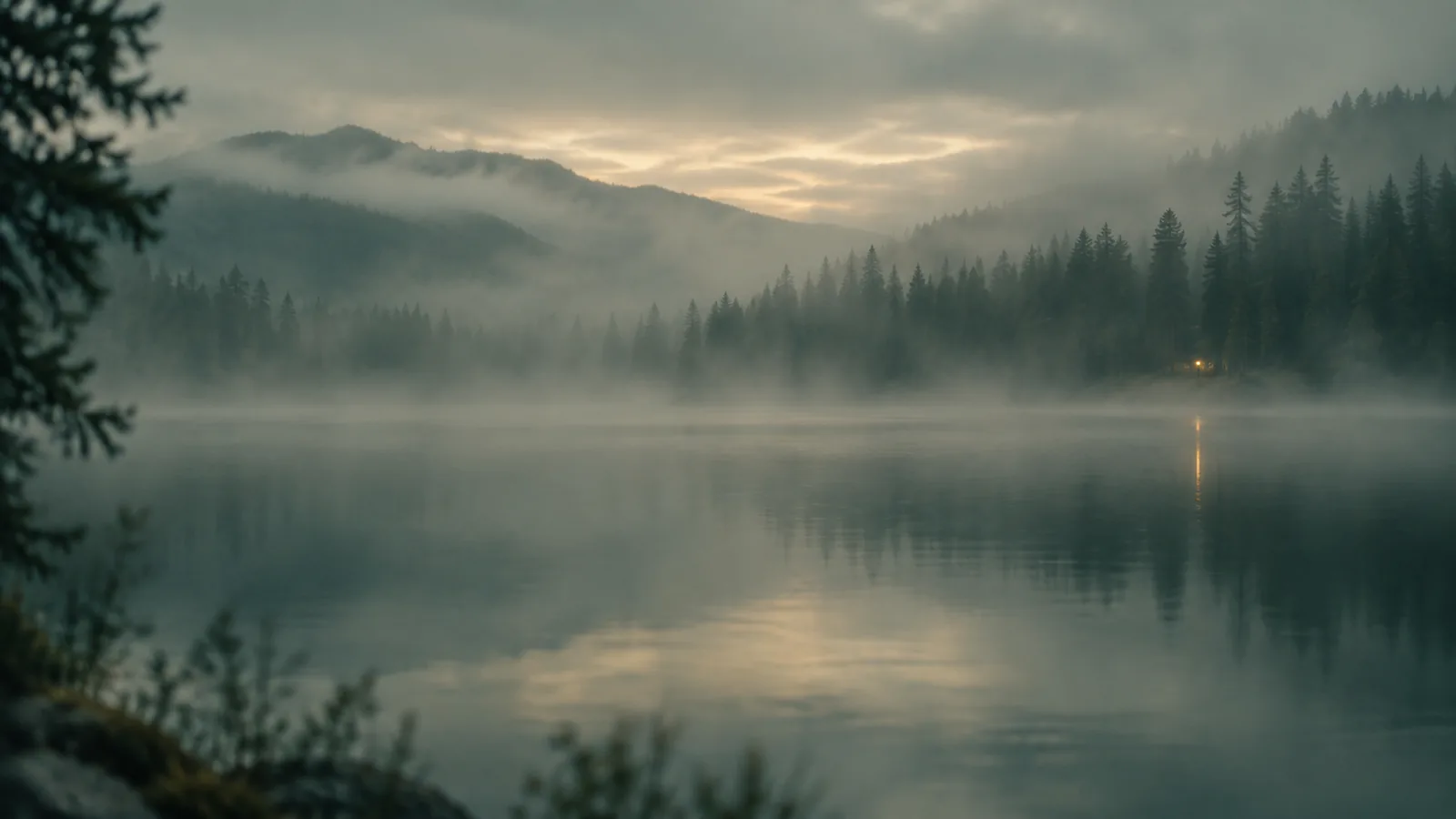 Bergsee im Morgennebel mit einem einzelnen Licht am Ufer, Sinnbild für die Schwelle vor einer Entscheidung
