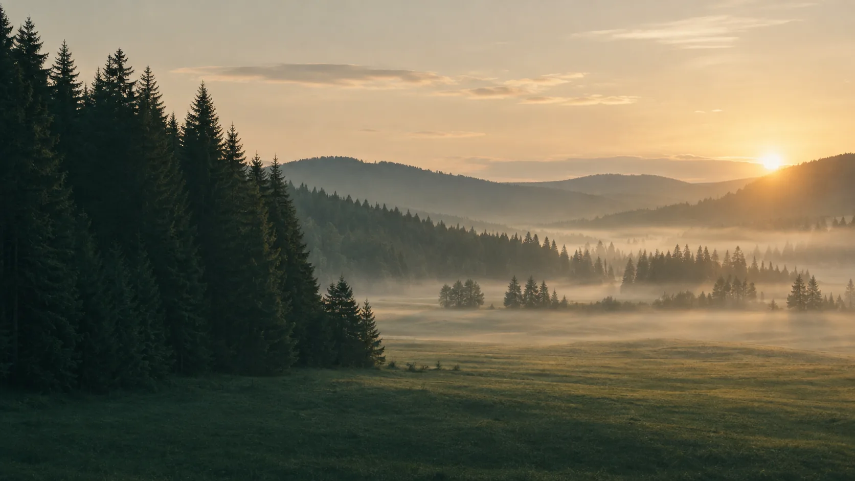 Waldrand im ersten Licht, Nebel über einer Wiese